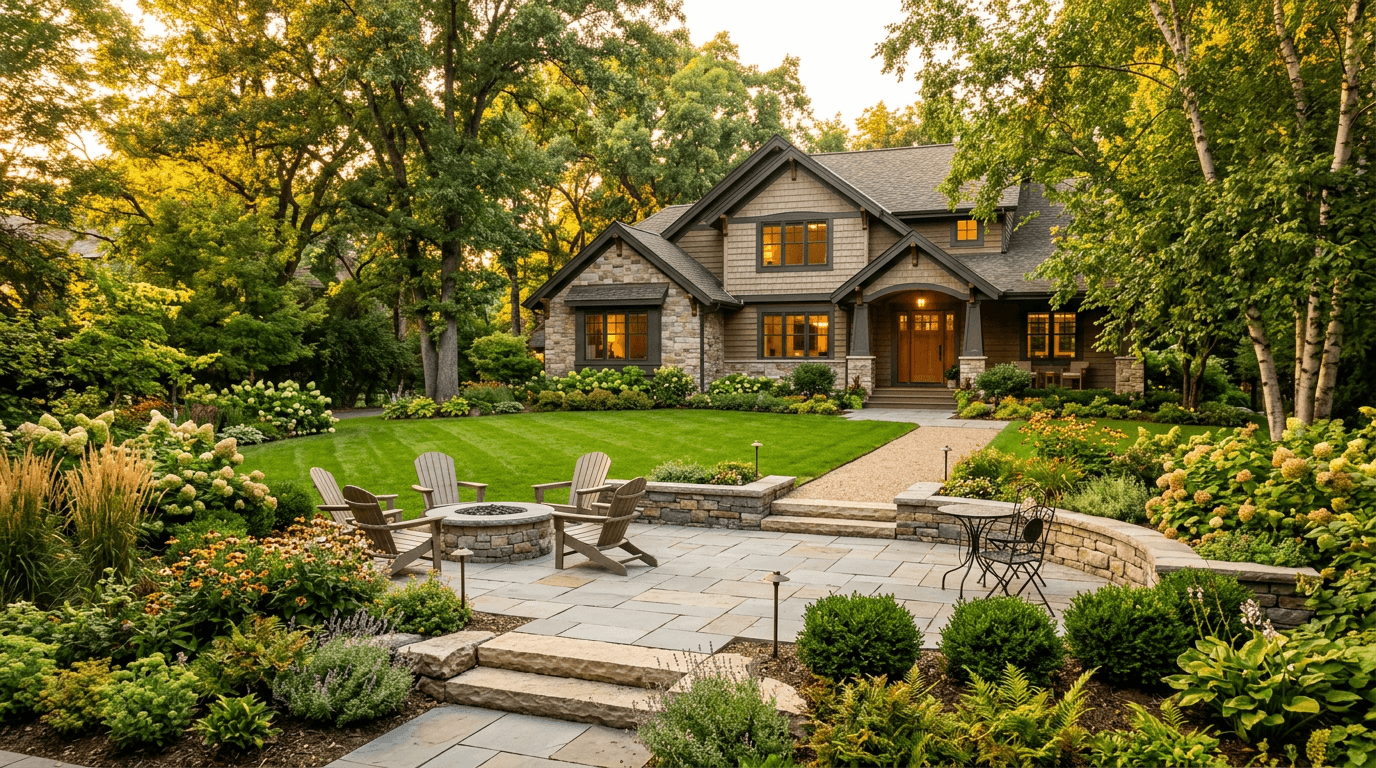 Beautiful residential landscaping with hardscape patio at golden hour